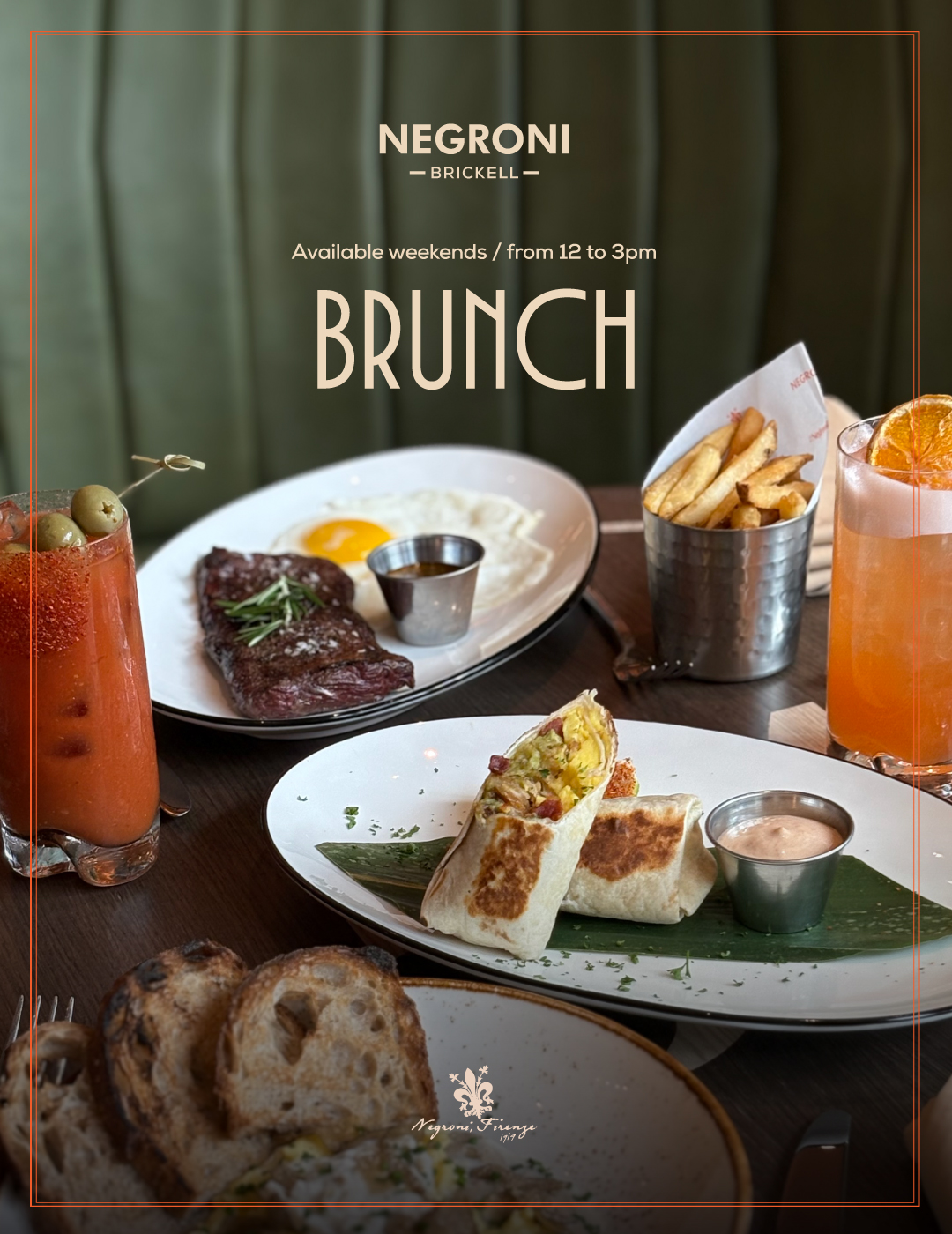 Negroni Brickell brunch available weekends from 12 to 3 PM