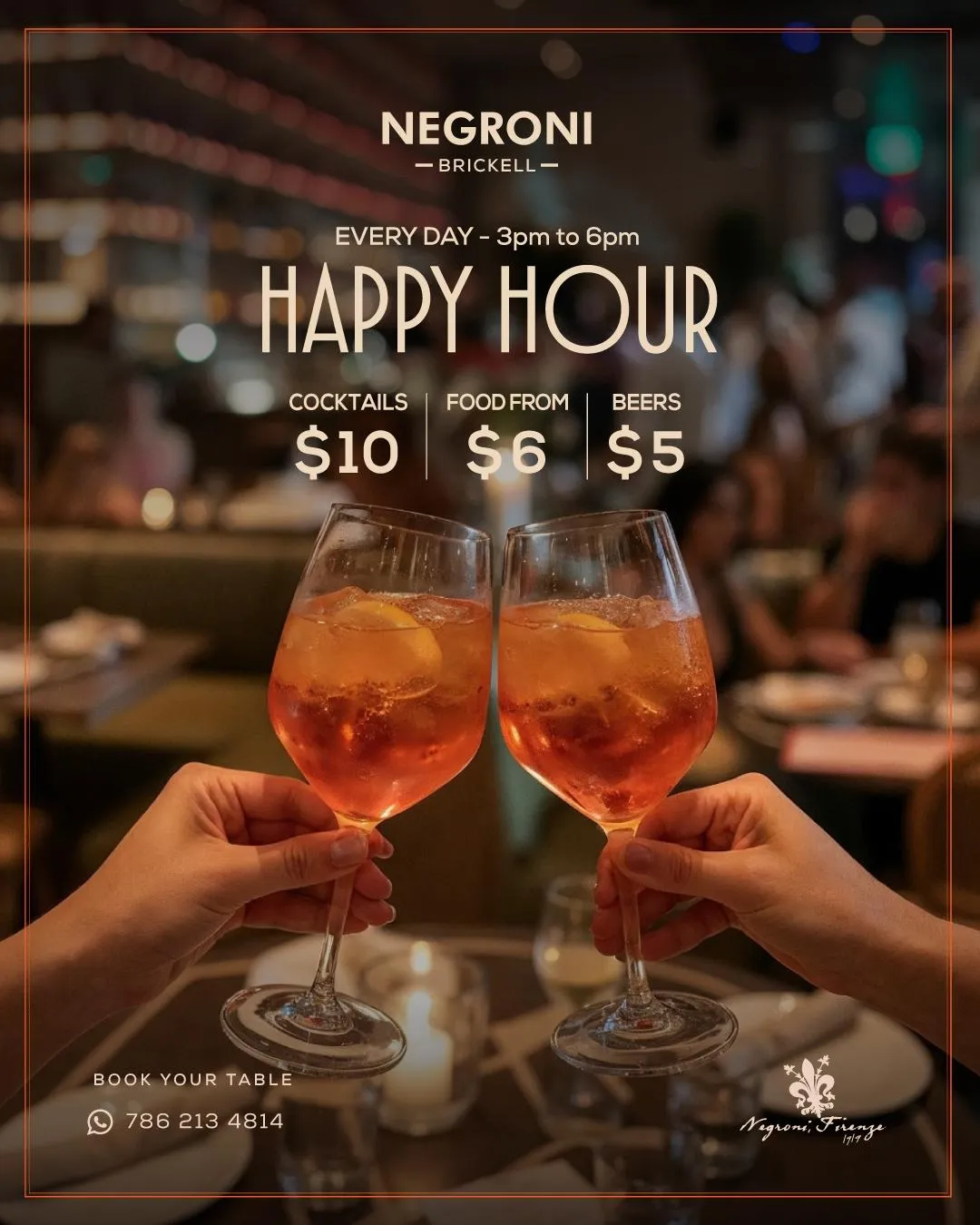 Negroni Brickell happy hour every day from 3 PM to 6 PM